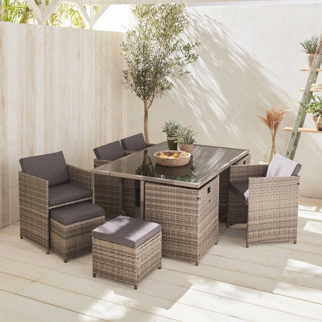 Set tavolo da giardino in resina intrecciata con 6-10 posti, scala di
