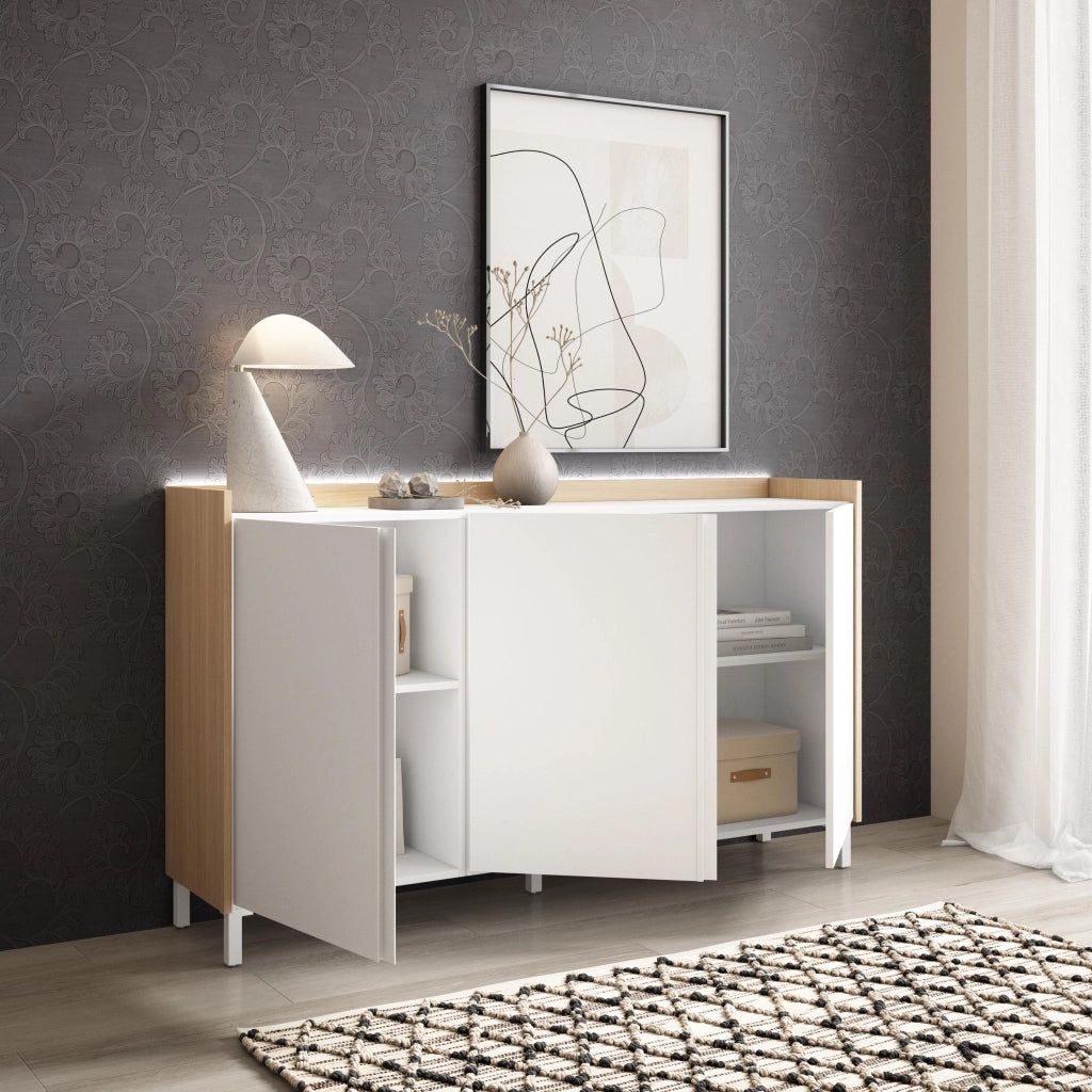 Credenza, Mobile, Cucina, 156x91x35 cm, 3 Porte, Design industriale, LED, Bianco e Rovere soft