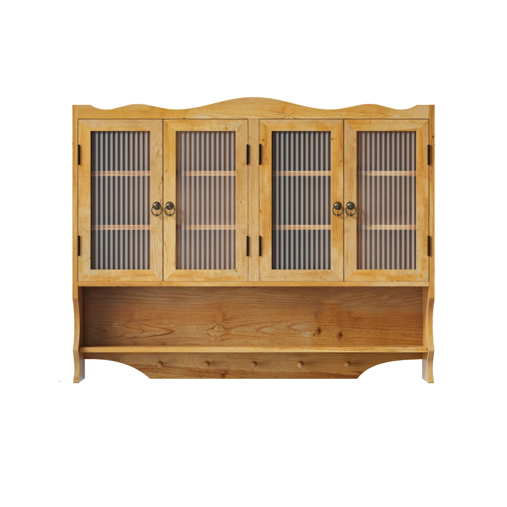 Pensile con 4 Ante; Vano Aperto e Ganci per Bagno e Cucina in Legno Massello 100 × 20 × 80 cm Naturale