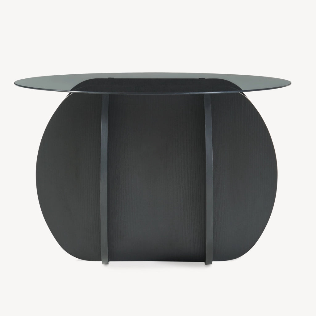 Tavolino da Caffè Karhuvandi con Piano Rotondo in Vetro Fumé Ø70 x 40 cm Grigio/Effetto Legno Nero [en.casa]