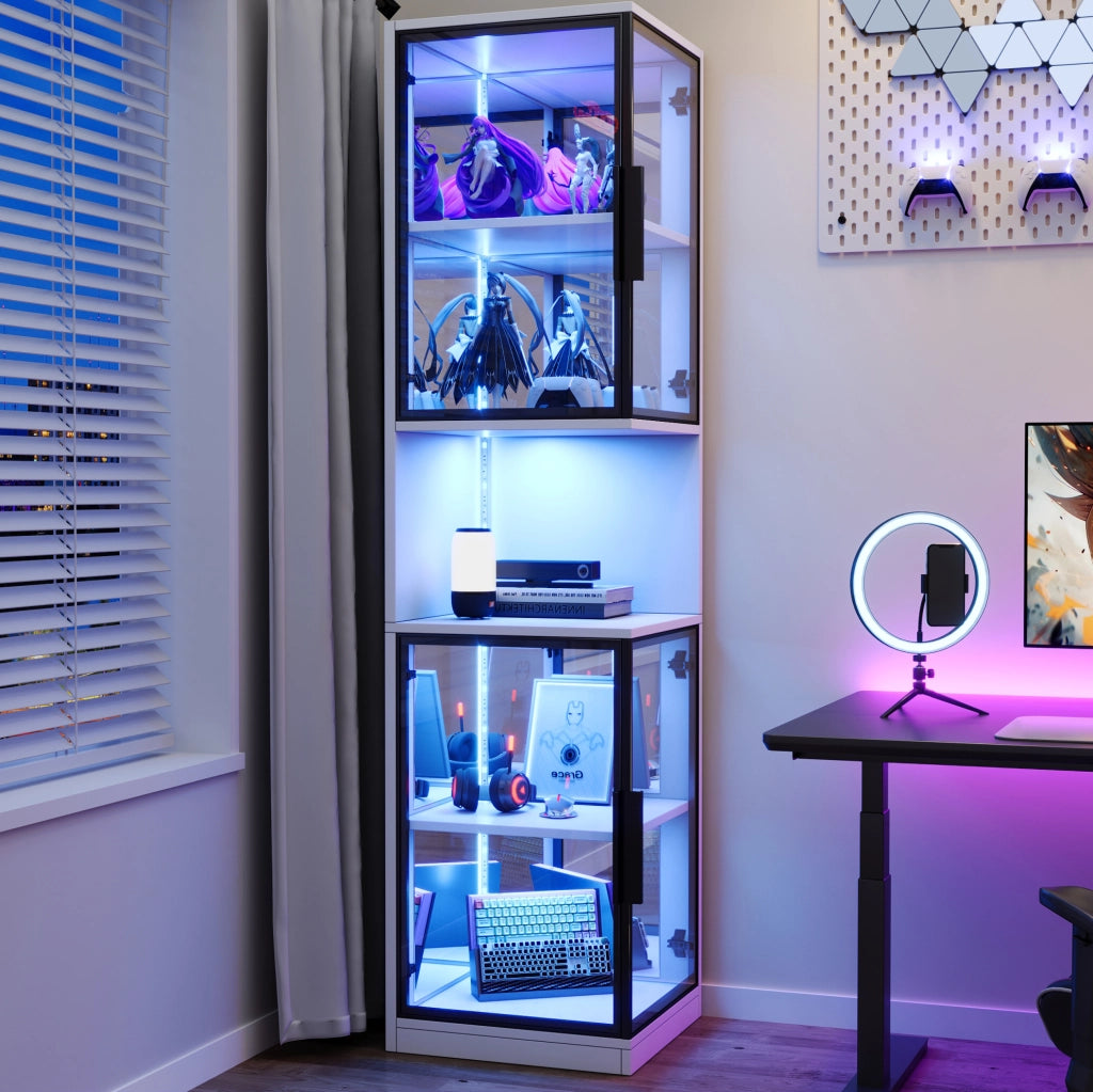Vetrina LED moderna 205 cm con ante in vetro; schienale a specchio e luce multicolore; bianco