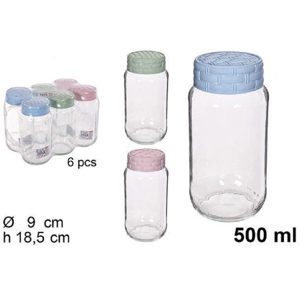 Trade Shop - Set 6 Pz Contenitore Barattolo Vetro Con Coperchio Rattan Colorato 500 Ml 114655 -