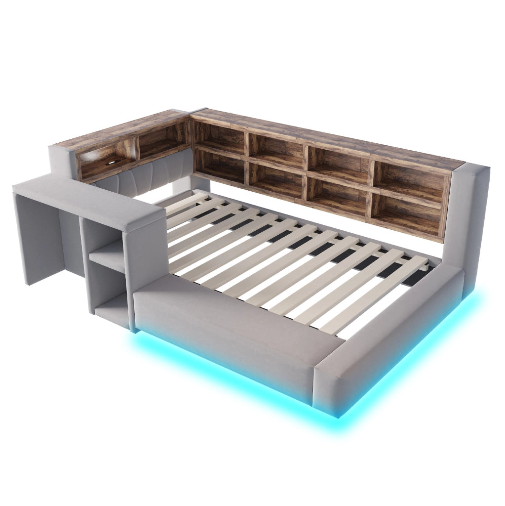 Letto imbottito 90x200 cm con LED, prese integrate e vani in velluto grigio scuro