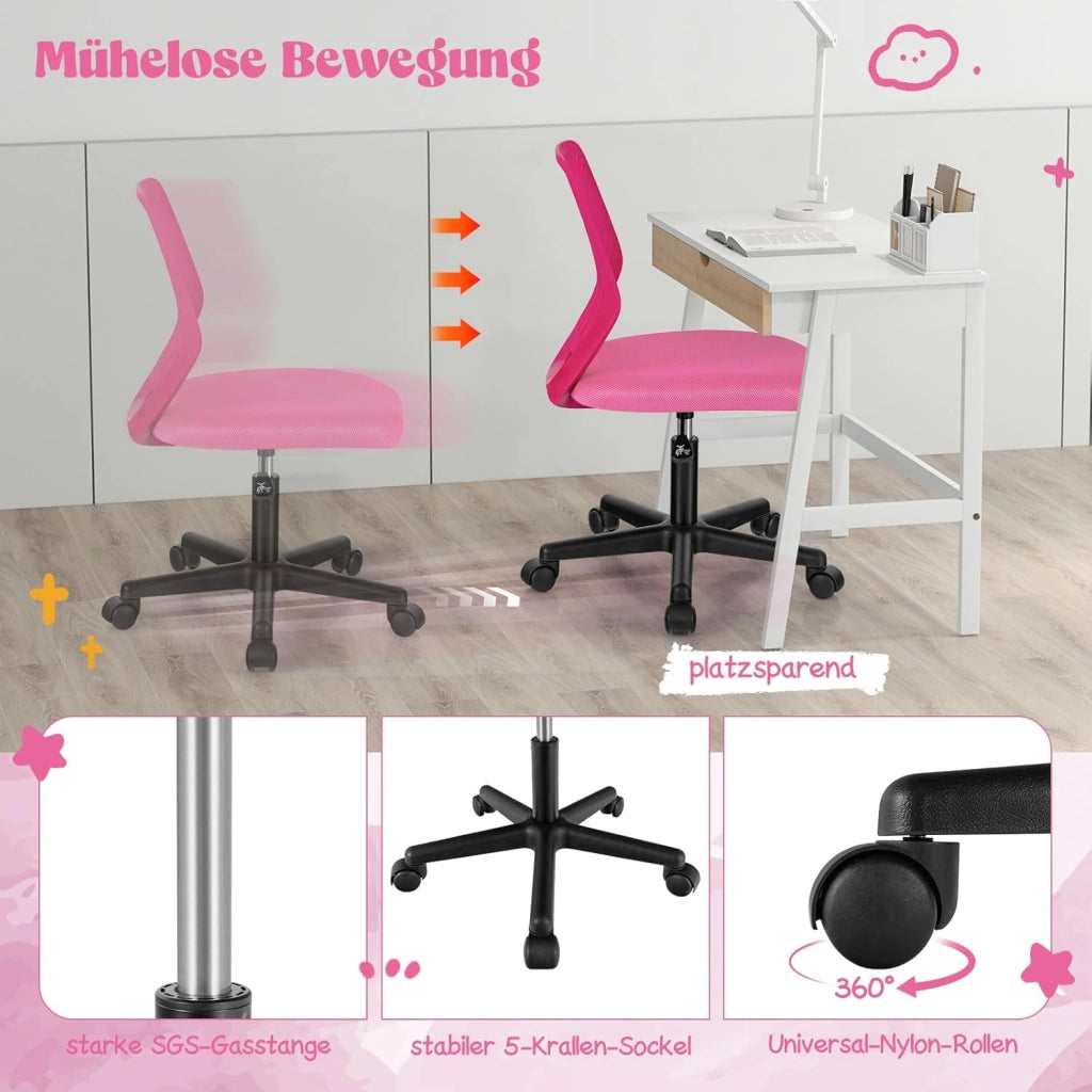 Sedia da scrivania per bambini, graziosa sedia da ufficio con schienale a forma di S e seduta imbottita, sedia da studio girevole senza maniche su ruote, per ragazzi e ragazze (rosa)