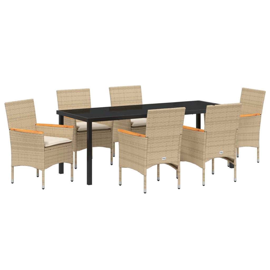Set da Pranzo per Giardino a 7 Pezzi con Cuscini in Polyrattan Beige