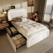 LETTO Singolo 90x200 cm Sherpa Bianco con USB Type-C, LED e 2 cassetti
