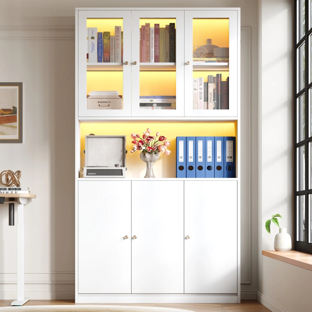 Libreria alta con vetrina in vetro e LED 100x35x200 cm; bianco; in MDF