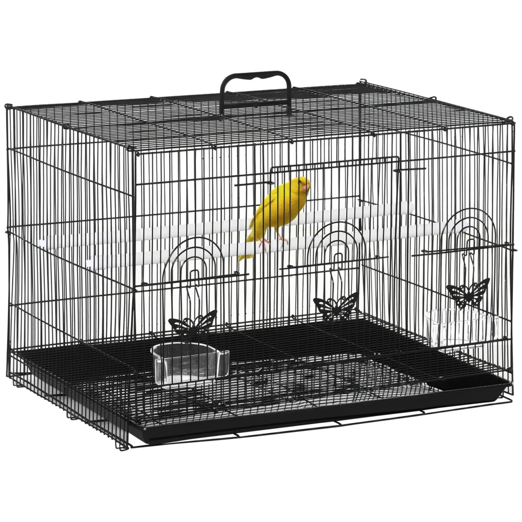 Gabbia per Uccelli con 2 Posatoi e 3 Ingressi in Filo Metallico e Plastica, 60x41x41 cm, Nero
