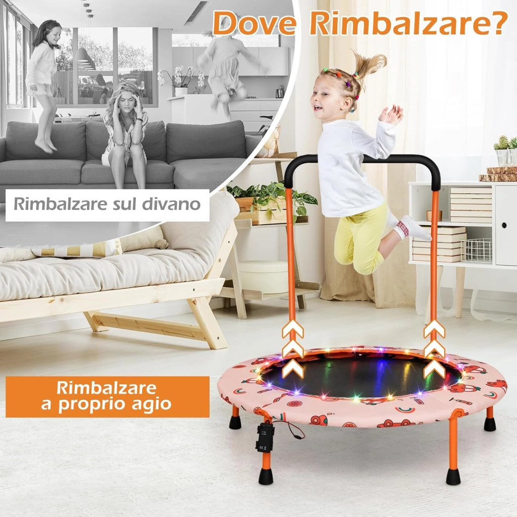 Trampolino per Bambini da Interno ed Esterno, Tappeto Elasctico Bambini 3-6 Anni in Acciaio con Maniglia Rimovibile, Luci LED, Cuscinetti Antiscivolo e Copertura Protettiva