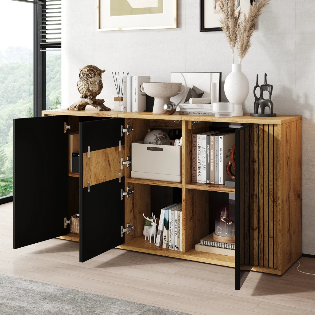 Credenza con 3 ante e 6 vani, push-to-open - per soggiorno - in MDF e truciolare - nero e legno