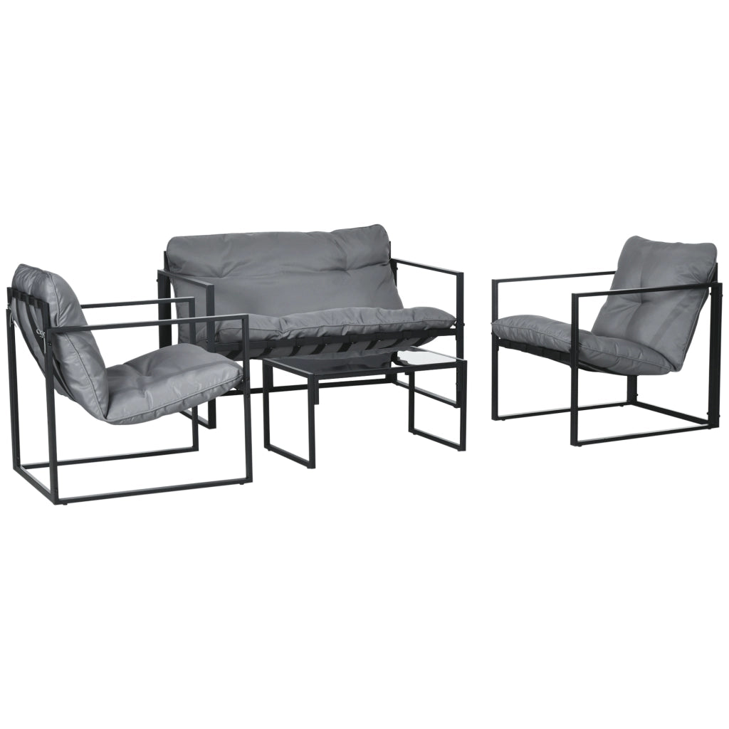 Set 4 Pezzi da Giardino con Divanetto 2 Poltrone e Tavolino in Acciaio, Poliestere e Cotone PP Nero e Grigio