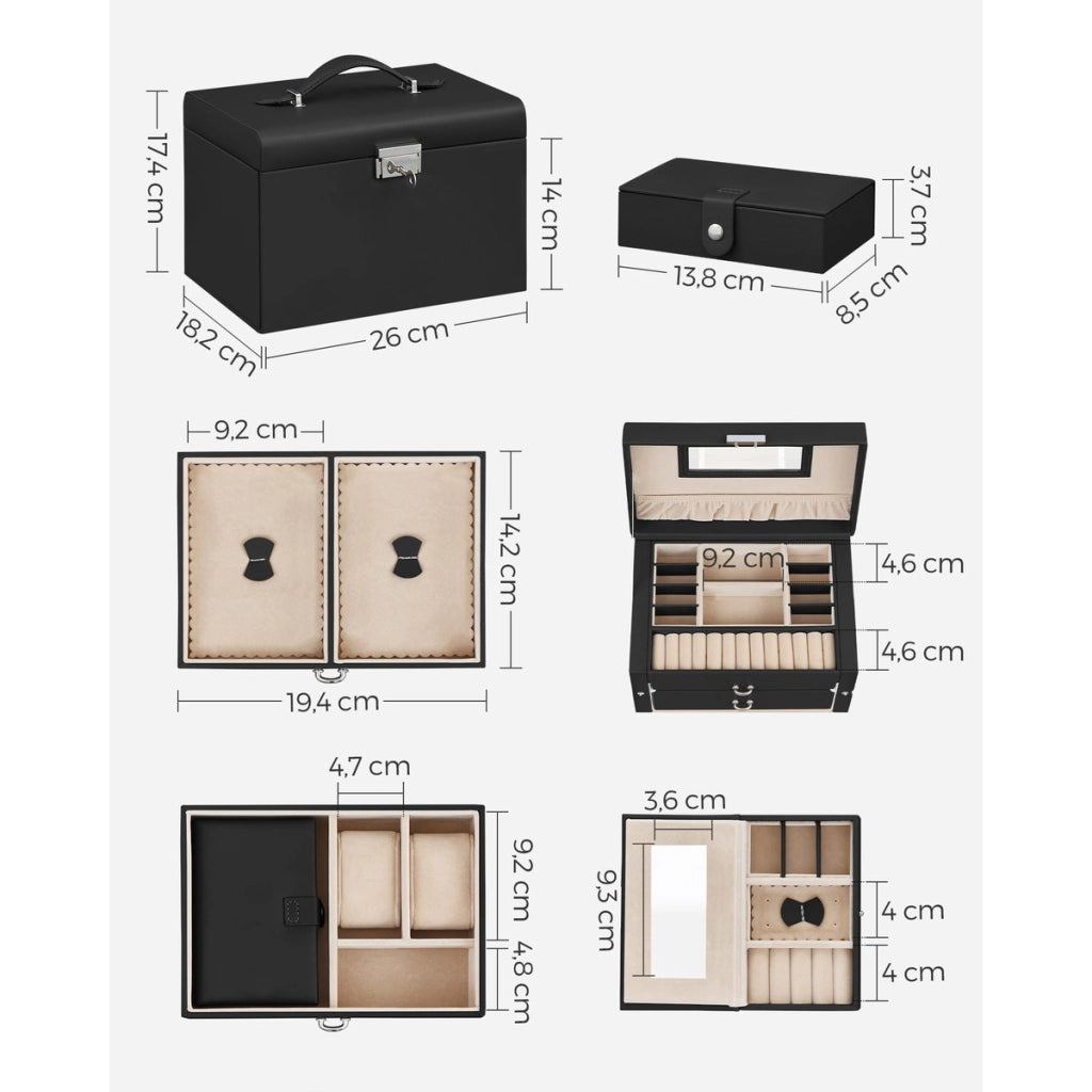 Cofanetto Portagioie Elegance Nero con Specchio e Mini Set da Viaggio