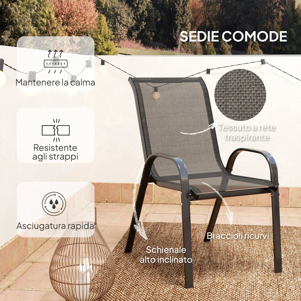 Set Salotto da Giardino 3 Pezzi con 2 Sedie e Tavolino Rotondo in Acciaio Nero