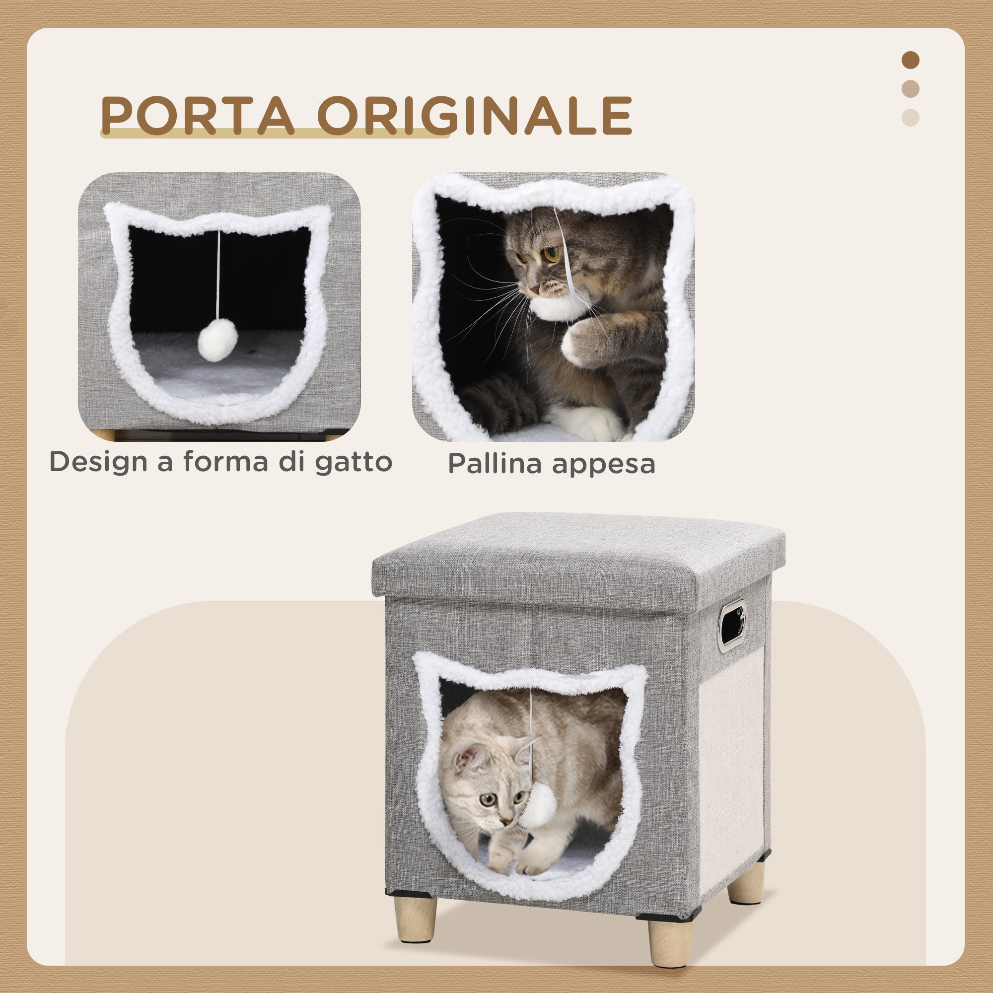 Cuccia a Casetta per Gatti 35,5x35,5x42,5 cm con Tiragraffi in MDF e Poliestere Crema e Grigio