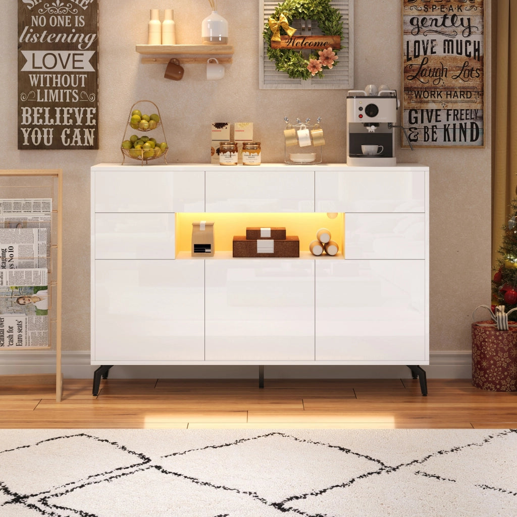Credenza da soggiorno con 3 cassetti e 5 vani; LED; in MDF; 140x30x82 cm; bianca