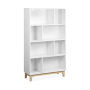 Libreria effetto legno con gambe in legno e 4 ripiani, bianco