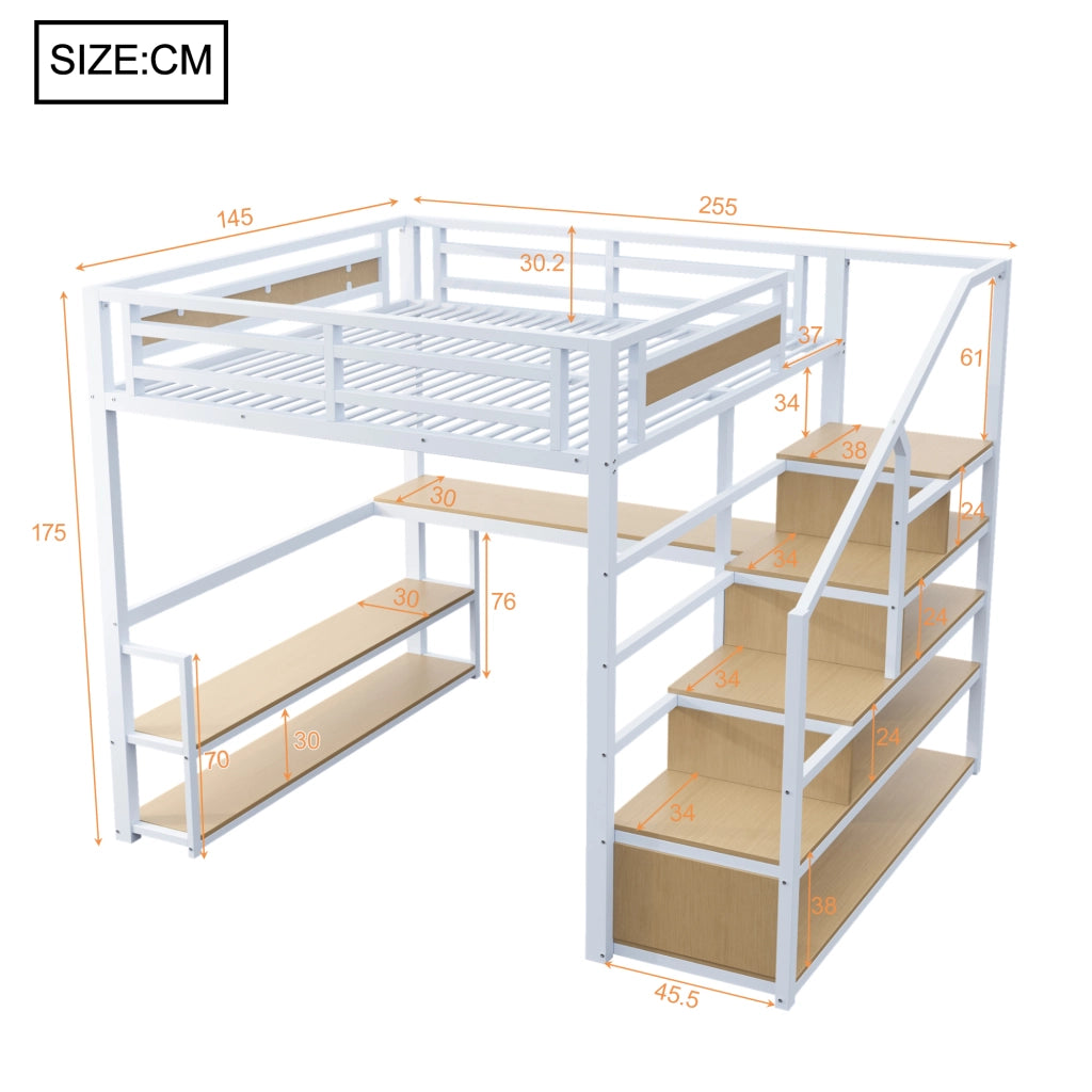 Letto a castello in metallo bianco con funzione contenitore e scrivania 140x200 cm