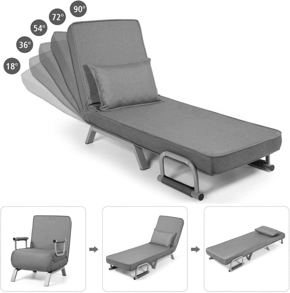 2 in 1 Poltrona Letto Pieghevole, Schienale Regolabile a 5 Livelli, con Braccioli e Cuscinetto, Chaise Longue Soggiorno, Telaio in Metallo, Carico di 150 kg, 59x78,5x83 cm, 5 Colori