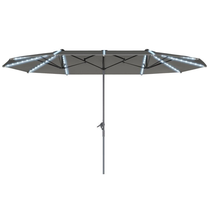 Doppio parasole ovale 451x267 cm con luci solari LED telaio in alluminio protezione UV 50+ antivento con manovella colore grigio scuro per mercato giardino balcone e spiaggia