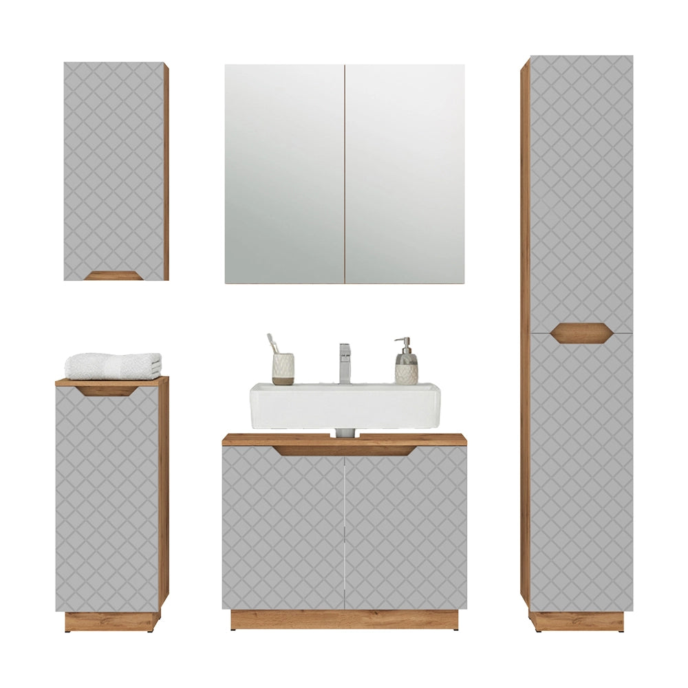 Vicco Set di mobili da bagno Rovere/grigio con struttura in piastrelle 5 parti