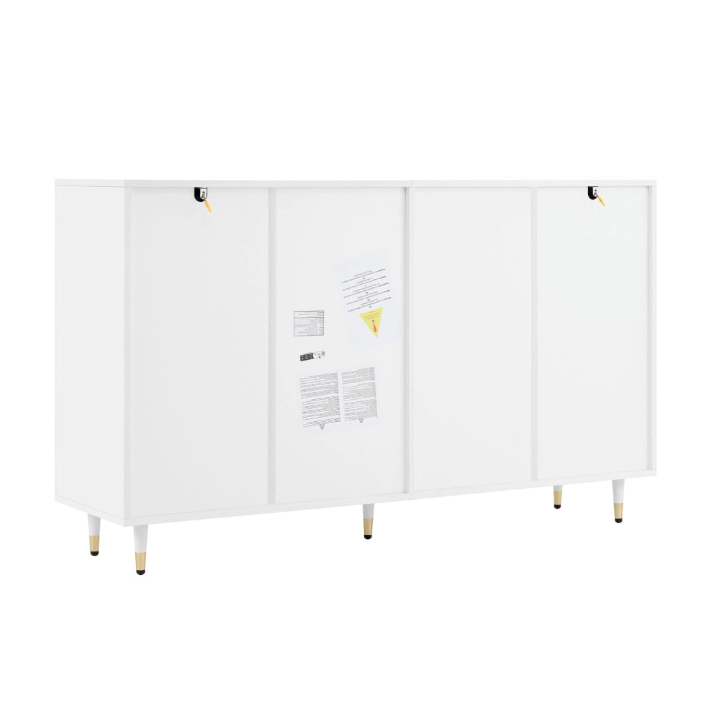 Armadio portascarpe moderno 140x39x84 cm bianco con gambe dorate; 2 cassetti e ripiani regolabili