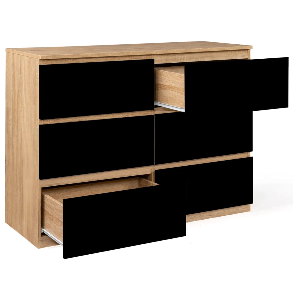 IDMarket - TOMI 110 cm cassettiera a 6 cassetti in legno effetto faggio e nero