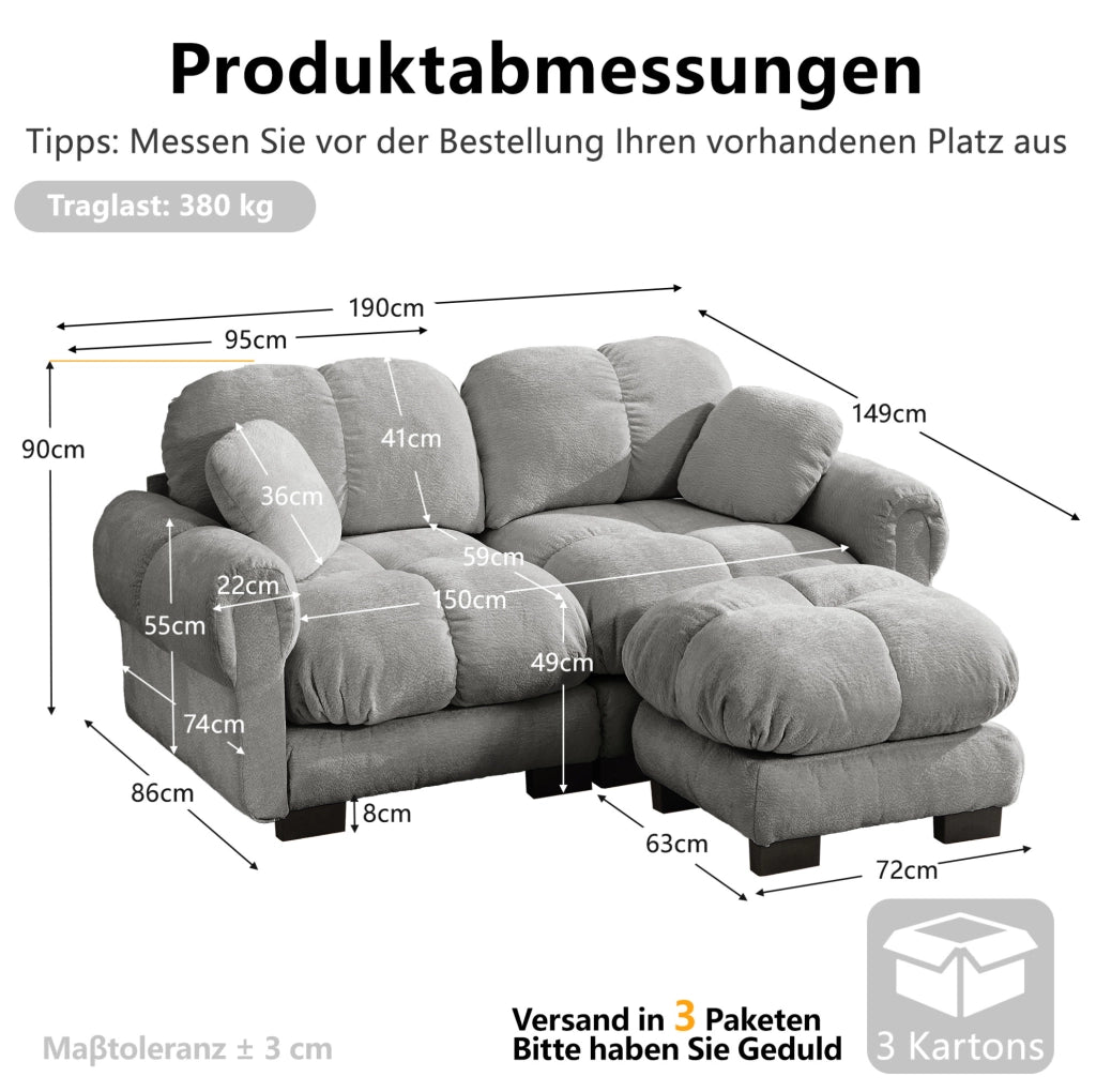 Divano angolare modulare 2 posti in chenille grigio chiaro con pouf mobile e cuscini spessi 190x149x90 cm