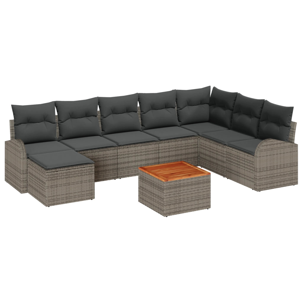 Set di divani da giardino da 9 pezzi con cuscini Grigio Polirattan Acacia