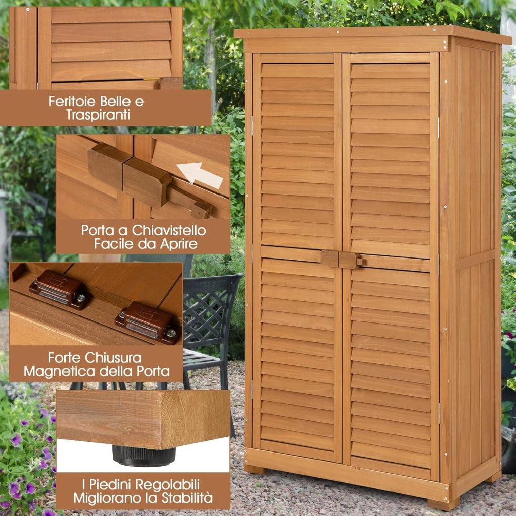 Capanni da Esterno, Armadio da Giardino in Legno Massiccio con 3 Ripiani Rimovibili, Tetto Impermeabile in Asfalto, Piedini Regolabili, Ripostiglio per Giardino, Terrazza e Cortile