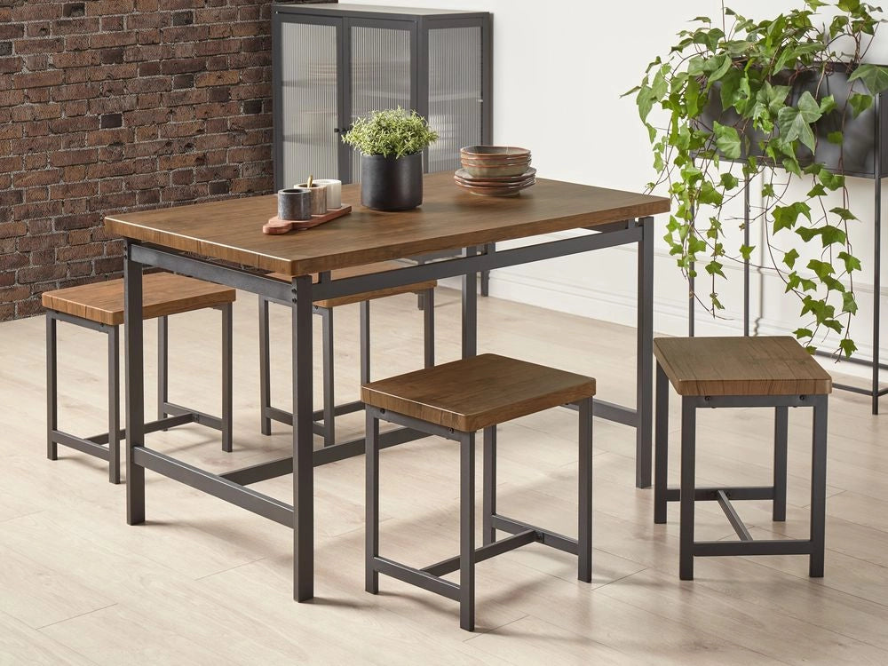Set da pranzo in legno scuro piano rettangolare 120 x 75 cm struttura in metallo Nero 4 posti con sgabelli