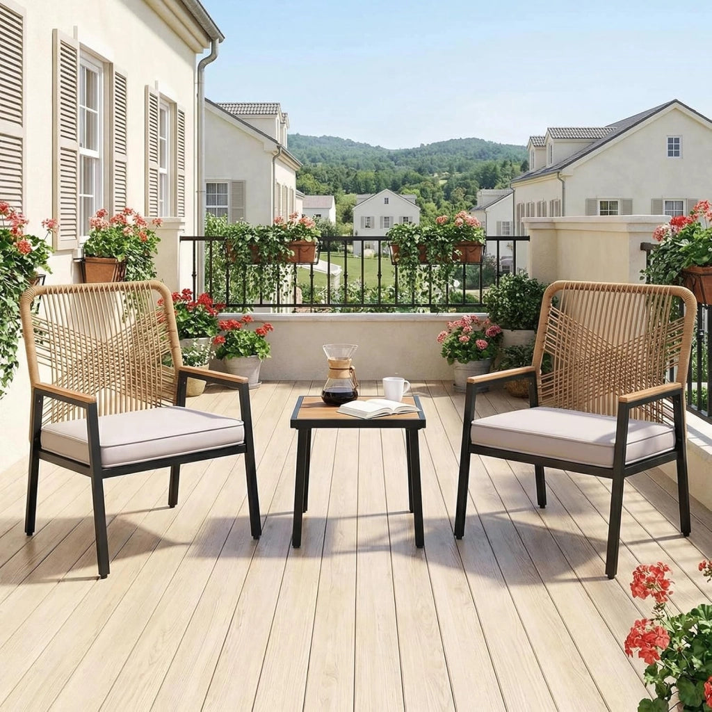 Set di mobili da giardino, Set da 3 sedie da giardino in rattan, 2 sedie da patio con tavolino, fino a 160 kg, resistenti alle intemperie, braccioli in WPC, per patio, giardino, veranda,Beige