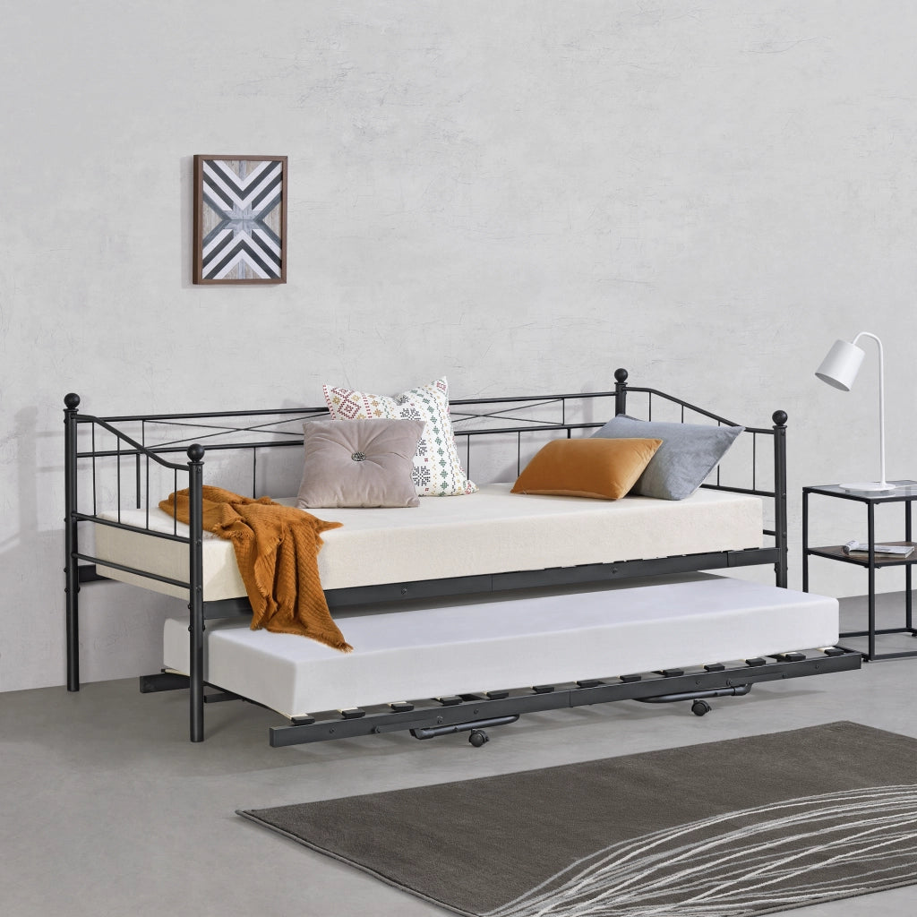 Divano in Metallo con Cornice Decorativa + Letto di Complemento con Gambe Pieghevoli e 4 Ruote, Sofa a 2-3 Posti di Seduta  e Secondo Letto Salvaspazio - Nero