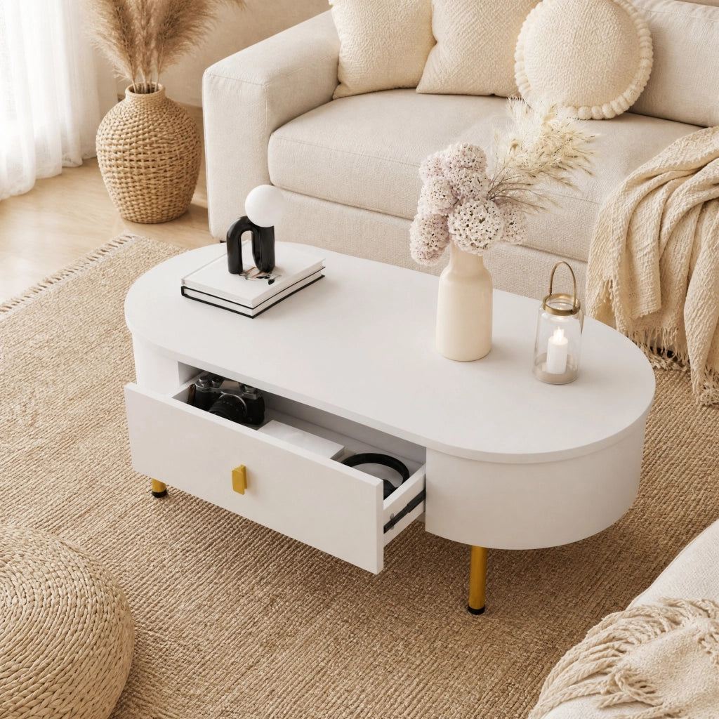 Tavolino da salotto moderno con 2 cassetti, finiture bianche e dettagli oro, 108 cm