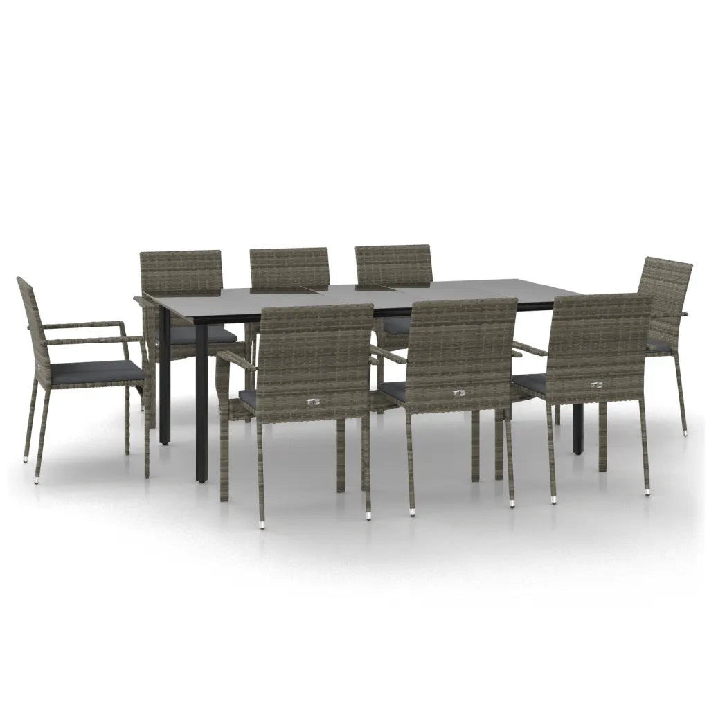 Set da Pranzo Giardino 9pz con Cuscini Nero e Grigio Polyrattan