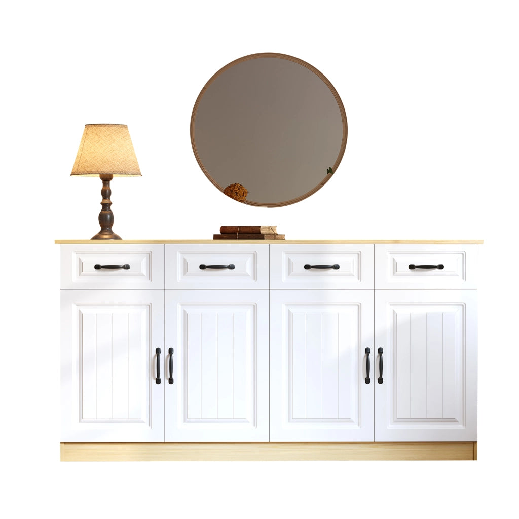 Sideboard moderno 160x35x80 cm in MDF bianco con 4 cassetti; 4 ante e 2 ripiani