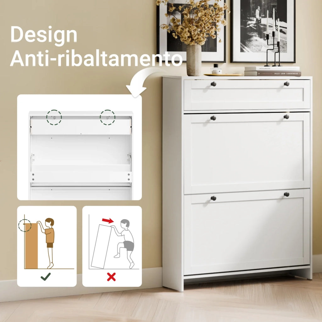 SoBuy FSR207-W, Scarpiera Salvaspazio Slim In Legno, Scarpiera Ingresso Moderna con 2 Ante a Ribalta e 1 Cassetto, Design Compatto per Spazi Ristetti, Facile da Pulire, Bianco, 80x19x107 cm