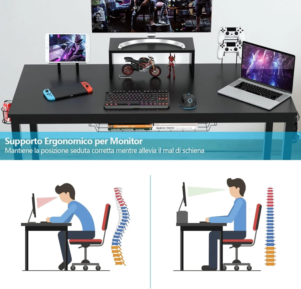 Scrivania da Gaming da 140 cm, Scrivania Ergonomica con Portabicchieri, Mensola per Monitor, Gancio per Cuffie, Cestino Portaoggetti, Scaffale per Supporti Multimediali e Piedini Regolabili