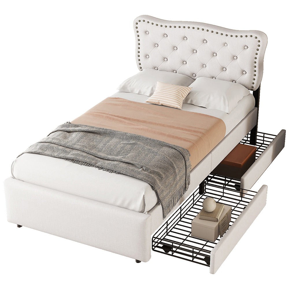 Letto imbottito con testata imbottita rivetti decorativi e due cassetti - Xylo - 90x200 cm - Beige