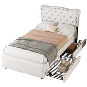 Letto imbottito con testata imbottita rivetti decorativi e due cassetti - Xylo - 90x200 cm - Beige