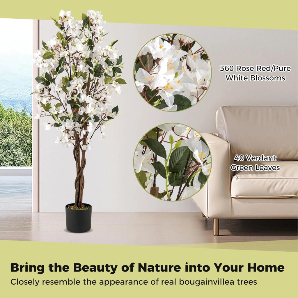 Bougainvillea Artificiale 120 cm, Albero di Buganville Finto con Fiori Aperti e Rami Realistici, Pianta Decorativa per Ingresso, Soggiorno, Ufficio, Rossa/Bianco (1, Bianco)