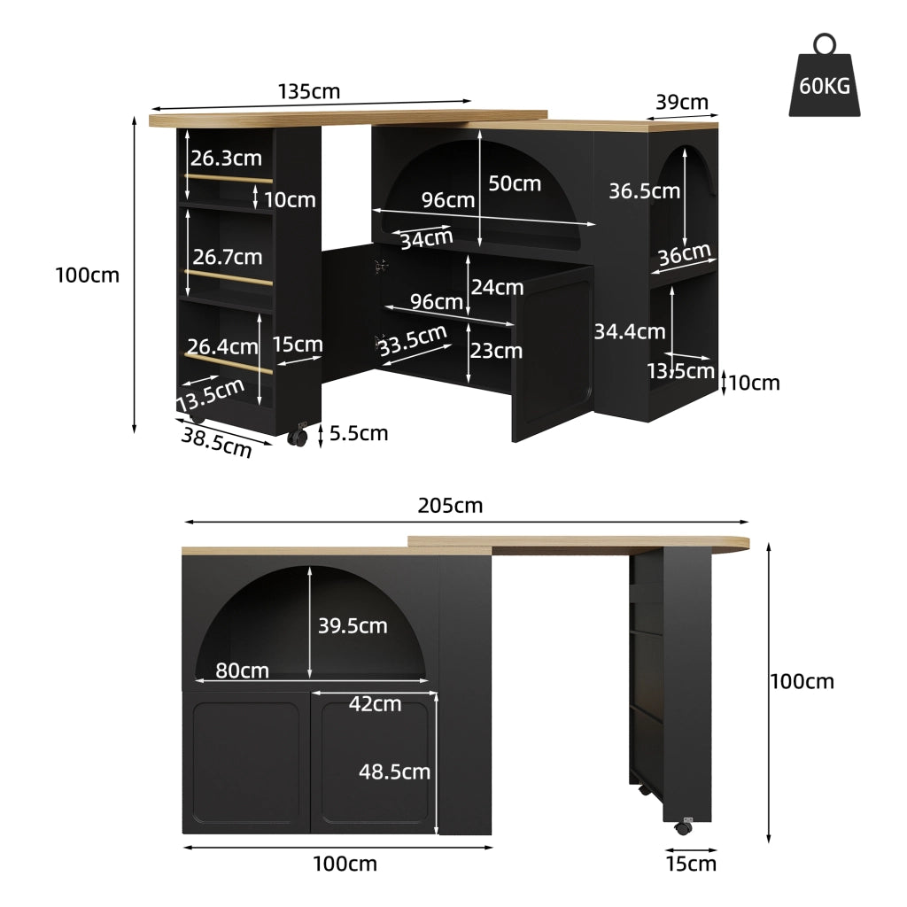 Tavolo Bar Alto con Contenitore; Ripiani Regolabili; LED; USB e Ruote per Cucina e Soggiorno; 135-205x39x100 cm