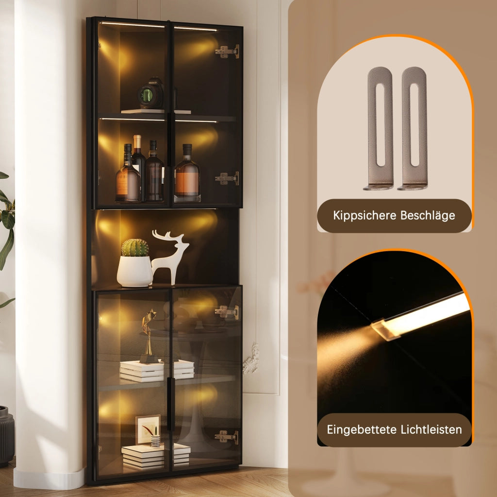 Vetrina angolare triangolare nera 62×32×160 cm con LED