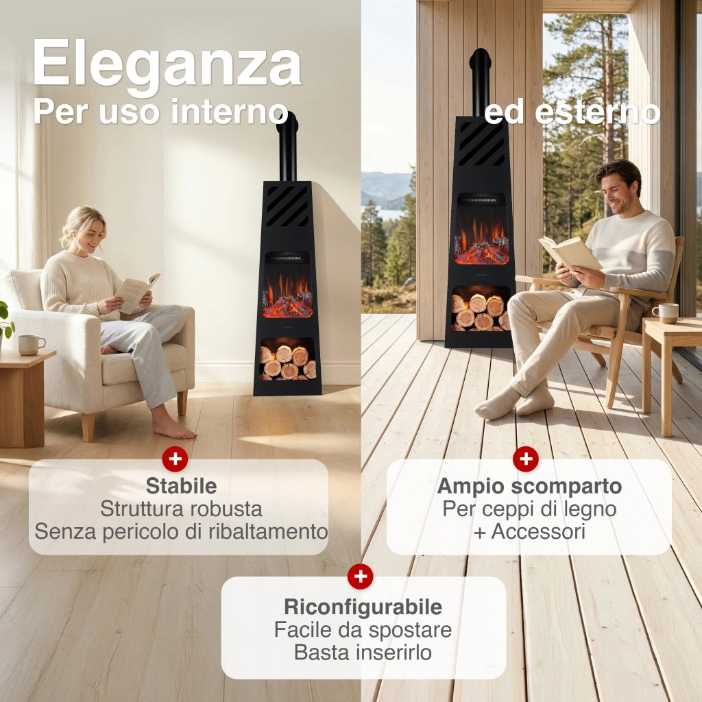 KAMINIO Caminetto elettrico da giardino con tubo KAI XL - Stufa de terrazzo  elettrico con riscaldamento, effetto fiamma 3D, luce ambiente a LED, scomparto de legno, telecomando - X-Large, Nero
