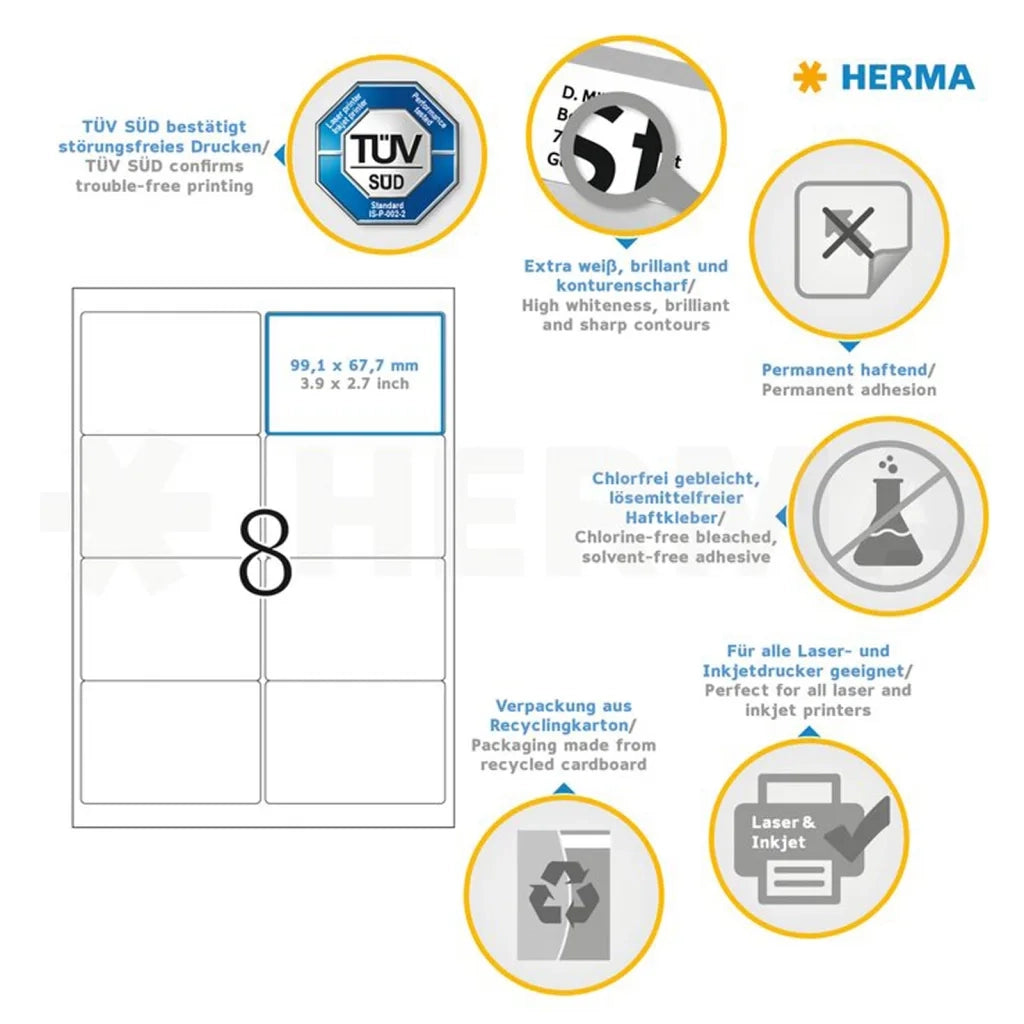 HERMA Etichette per Indirizzo Permanenti A4 99,1x67,7 100 Fogli Bianco 443771