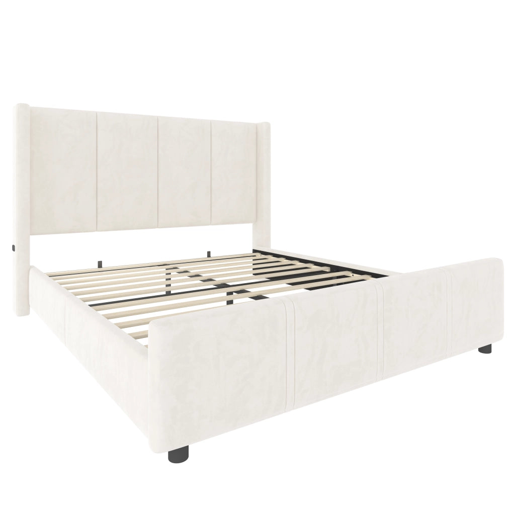 Letto Matrimoniale 140 x 200 cm; USB e Type-C; Testiera Alta e Pediera Alta; in Velluto Beige