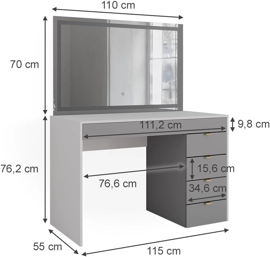 Tavolo da toeletta Elise, Bianco/grigio/grigio, 115 cm con specchio a LED, con illuminazione LED e grande specchio per applicazioni di trucco
