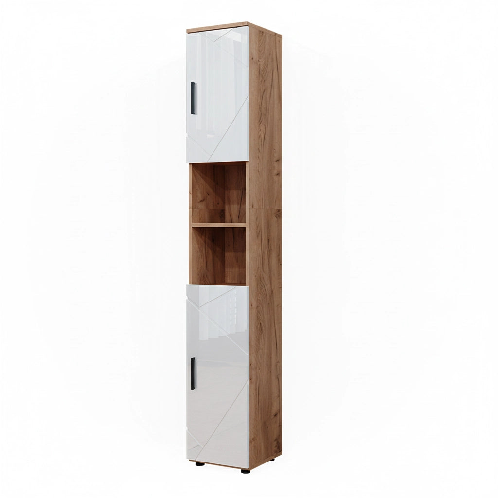 Armadio per il bagno Irma Bianco lucido/Rovere dorato 30 x 192 cm con ante e vani a giorno Vicco