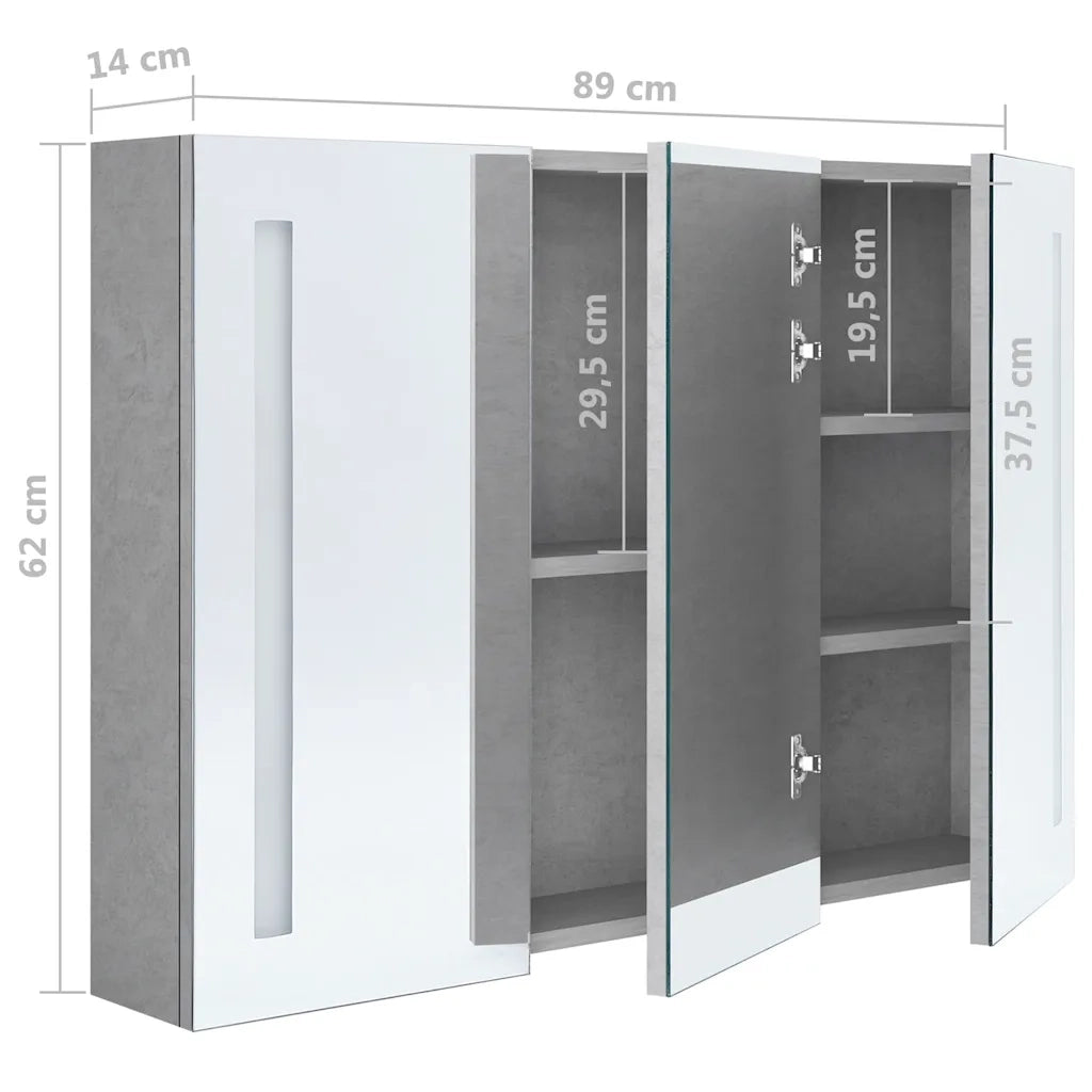 Armadietto Bagno | Armadio da bagno con Specchio e LED Grigio Cemento 89x14x62 cm