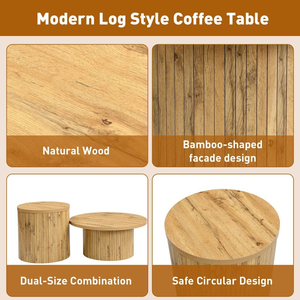 Tavolini bassi impilabili con 2 piani rotondi; design componibile per soggiorno; in MDF; 75 × 75 × 36 cm; Naturale