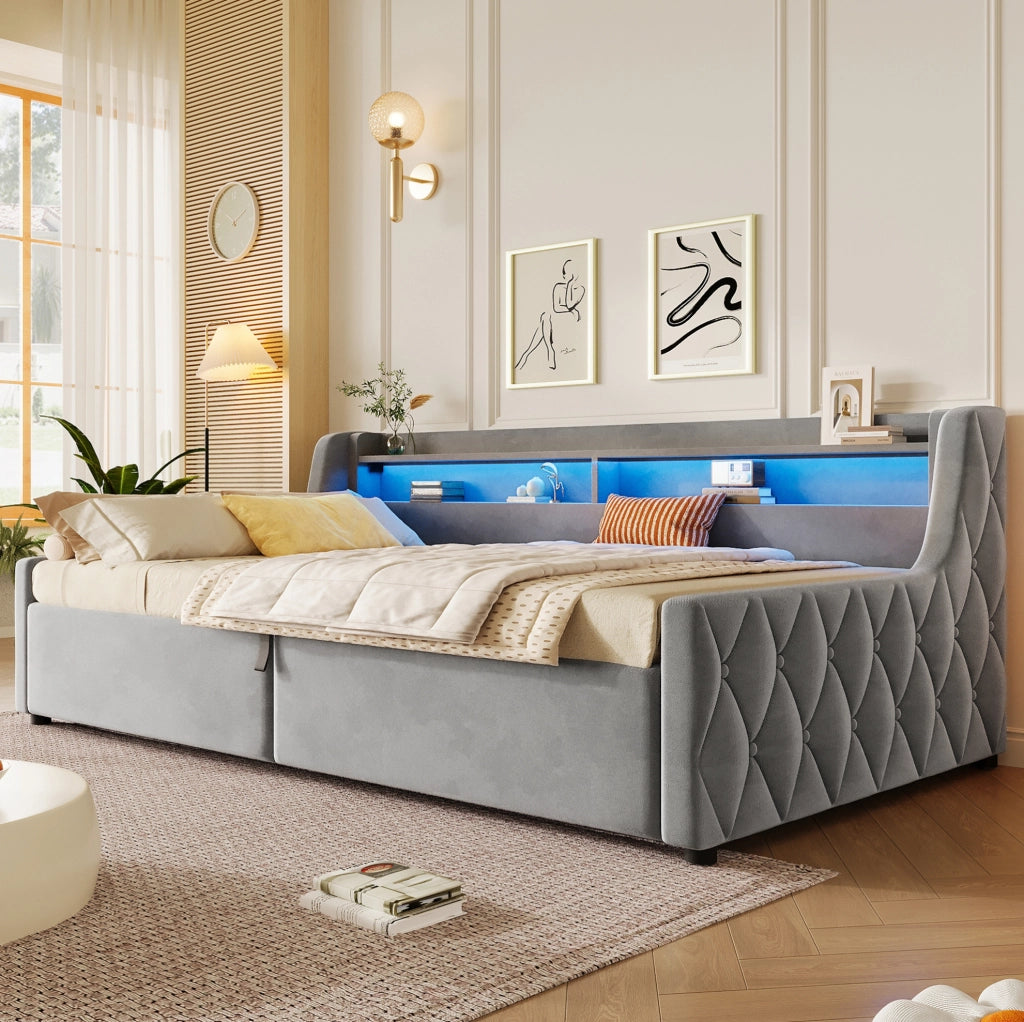 Letto 90x200 cm con contenitore e LED in flanella grigio